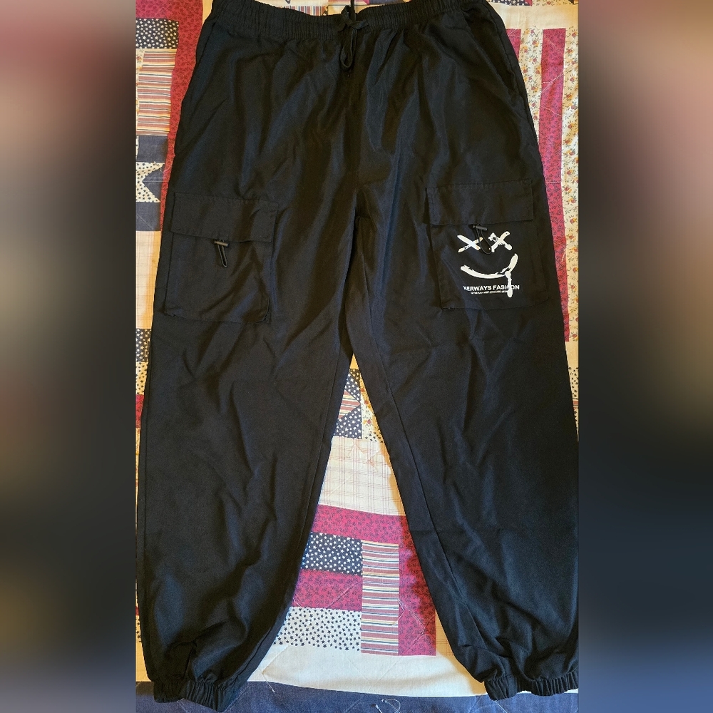 Black Cargo Joggers with White Graphic